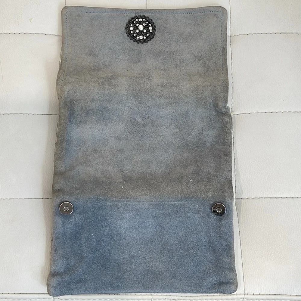 Pale blue clutch with inside zippers and vintage embellishments